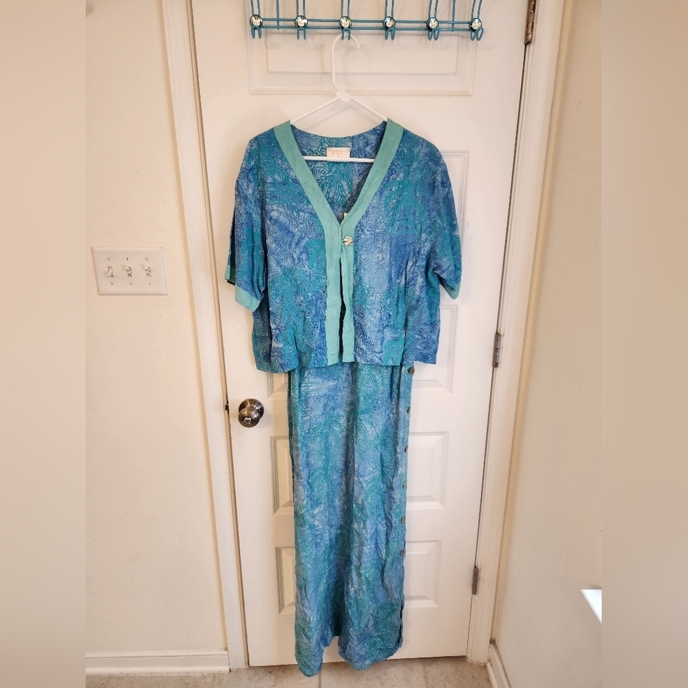 Vtg Blue Palm Trees 2 Piece Maxi Dress Set Cover Up Short Sleeve Size L #N919